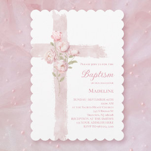 baby girl Baptism pink peonies cross Invitation