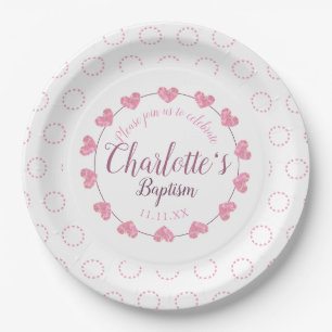 Baby girl baptism pink & white flower plate