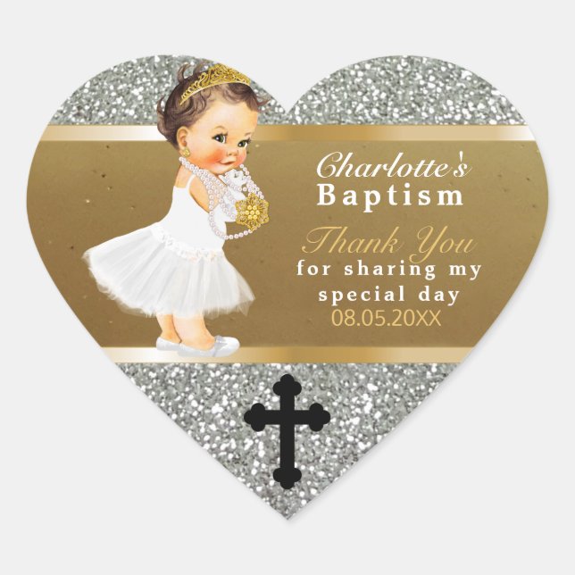 Baby Girl Baptism Thank You  Favour | Gold Silver Heart Sticker (Front)