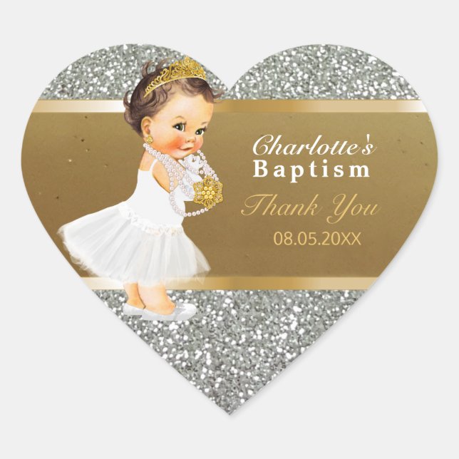 Baby Girl Baptism Thank You  Favour | Gold Silver Heart Sticker (Front)