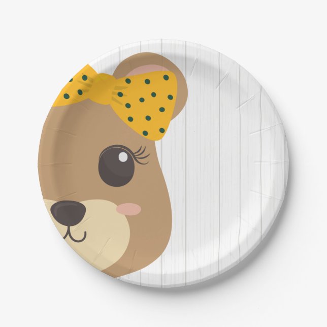 Baby Girl Bear Green & Gold Baby Shower Paper Plate (Front)