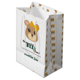 Baby Girl Bear Green & Gold Medium Gift Bag