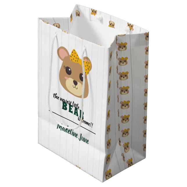 Baby Girl Bear Green & Gold Medium Gift Bag (Front Angled)