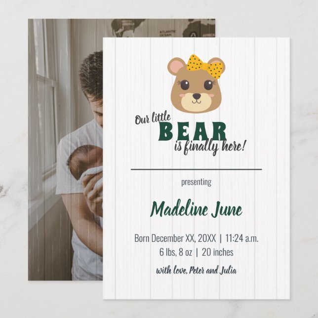 Baby Girl Bear Green & Gold Vertical Baby Announcement (Front/Back)