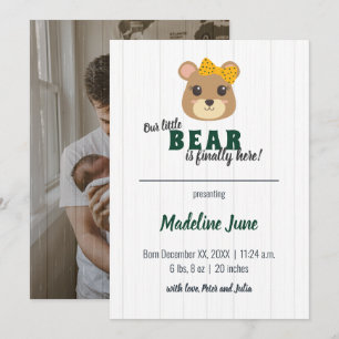 Baby Girl Bear Green & Gold Vertical Baby Announcement