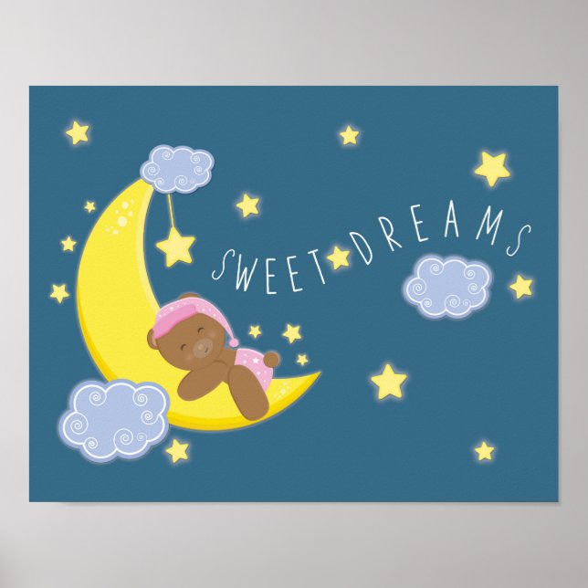 Baby Girl Bear Moon Celestial Stars Nursery Print (Front)