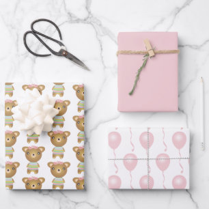 Baby Girl Bear With Balloons Wrapping Paper Sheet