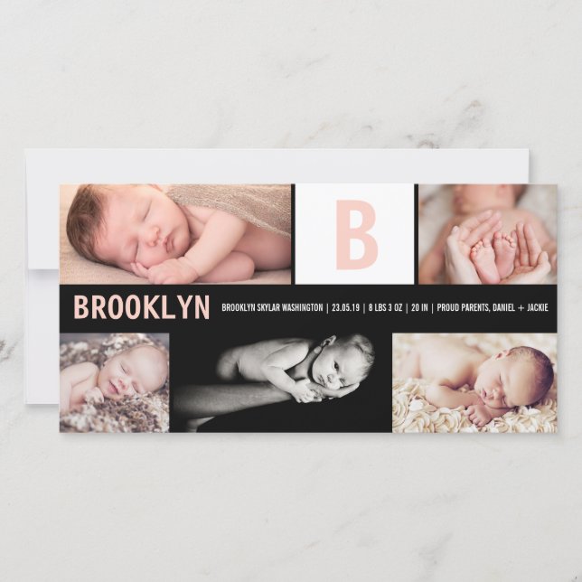 Baby Girl Big Pink Initial 5 Photo Collage Birth Announcement (Front)