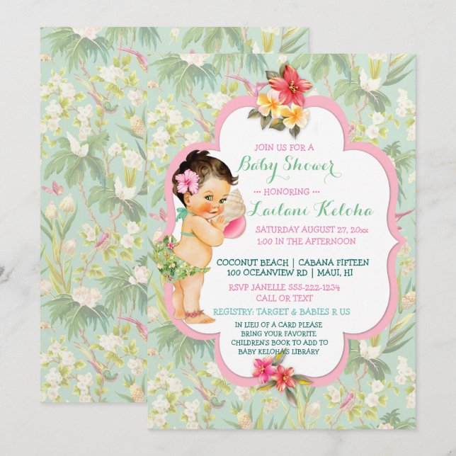 Baby Girl Bikini Tropical Luau Hawaiian Shell Invitation (Front/Back)
