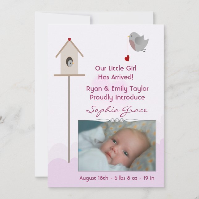 Baby Girl Birdsnest Photo Birth Announcements (Front)