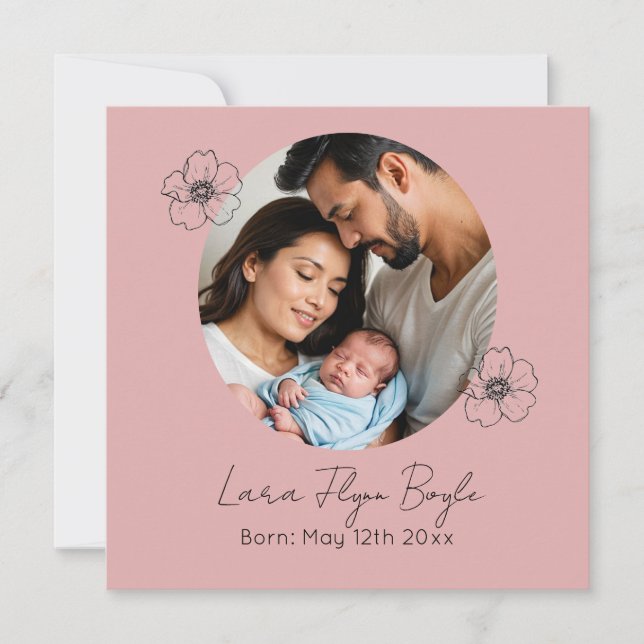 "Baby Girl Birth Announcement Card Pink Heart" (Front)