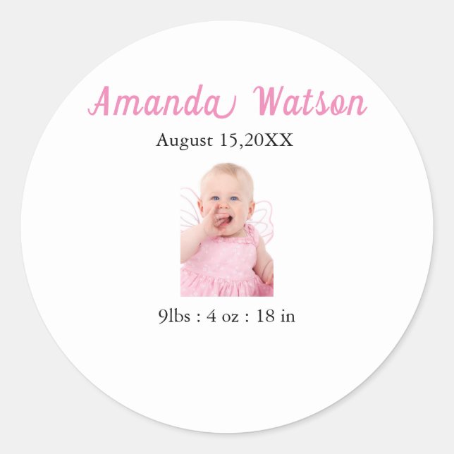 Baby Girl Birth Announcement Classic Round Sticker (Front)