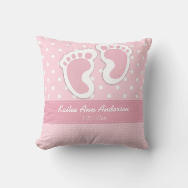 Baby Girl Birth Announcement Name Date Polka Dot Cushion (Front)