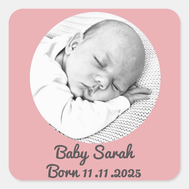 baby girl birth announcement photo and name custom square sticker (Front)