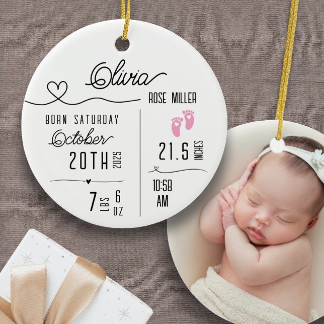 Baby Girl Birth Announcement Photo Name Stats Ceramic Tree Decoration (Personalized Baby Girl Custom Ornament Birth Announcement Name Stats Photo Baby's First Christmas)