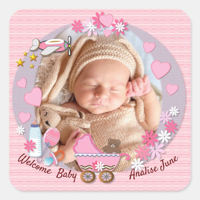Baby Girl Birth Announcement Square Sticker (Front)