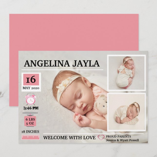 Baby Girl Birth Chart Birth Announcement (Front/Back)