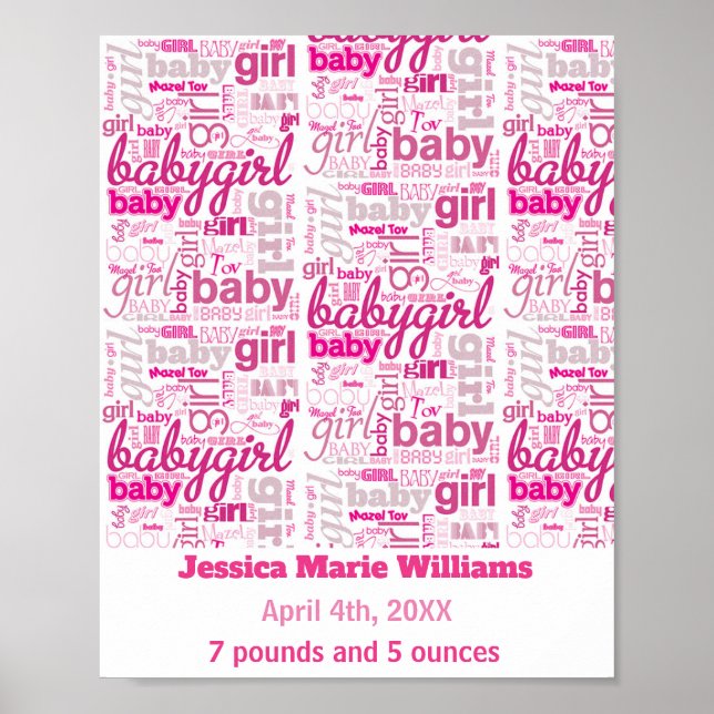 Baby Girl Birth Details n Name Personalize Pint Poster (Front)