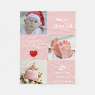 Baby Girl Birth Stat Announcement Photo  Fleece Blanket