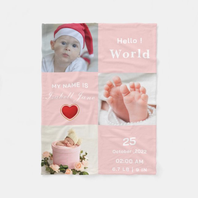 Baby Girl Birth Stat Announcement Photo  Fleece Blanket (Front)