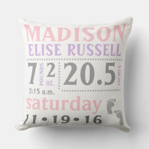 Baby Girl Birth Stats announcement typography Cushion