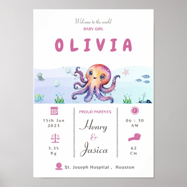 Baby Girl birth stats aquatic theme Nursery poster (Front)