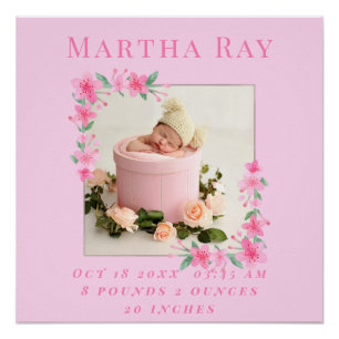 Baby Girl Birth Stats Birth Record Keepsake Photo  Poster