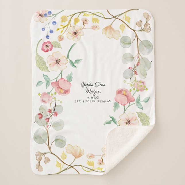Baby Girl Birth Stats Blush Pink Modern Floral Art Sherpa Blanket (Front)