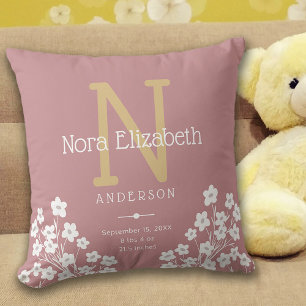 Baby Girl Birth Stats Flowers Monogram Nursery Cushion
