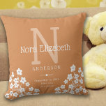 Baby Girl Birth Stats Flowers Monogram Nursery Cushion<br><div class="desc">This cute nursery pillow features a muted orange background with accents of light orange and white and is perfect for your newborn baby girl. The design offers custom text for a monogram,  name and birth stats and is accented with white daisy flowers.</div>