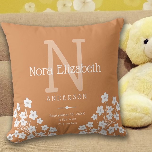 Baby Girl Birth Stats Flowers Monogram Nursery Cushion (Creator Uploaded)