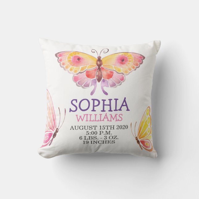 Baby Girl Birth Stats Gold Cute Butterfly Cushion (Front)
