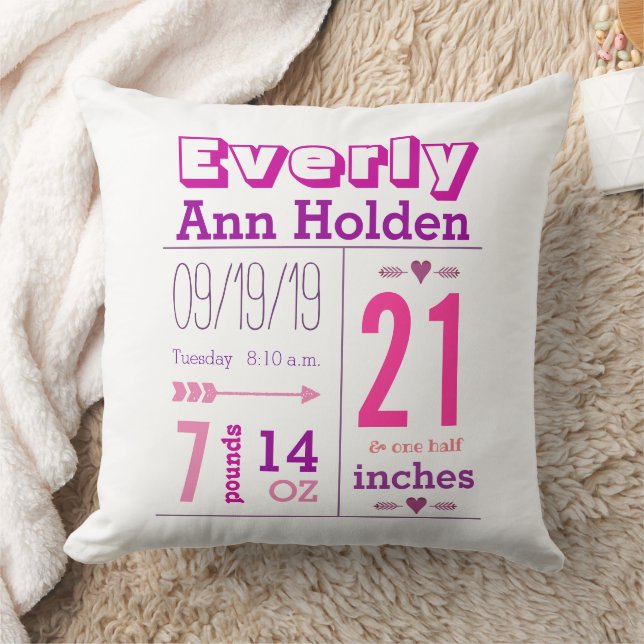 Baby Girl Birth Stats Pink and Purple Cushion (Blanket)