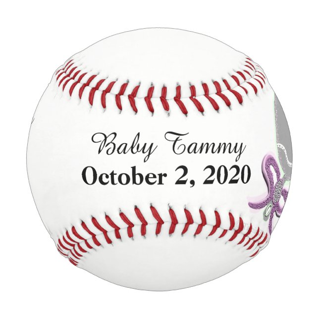 Baby Girl Birth Stats Silver Pink Rattle Baseball (Front)