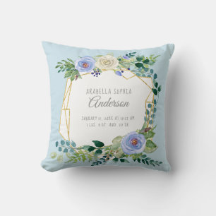 Baby Girl   Birth Stats Watercolor Blue Floral Art Cushion
