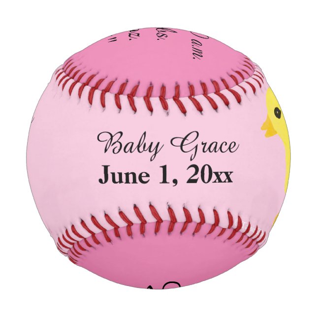 Baby Girl Birth Stats Yellow Ducky Baseball (Front)