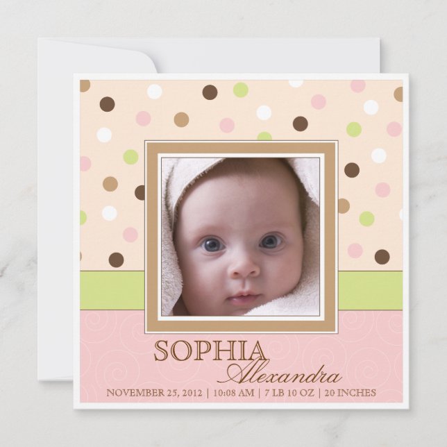 Baby Girl Birth Two Photos in Pink + Brown Dots Announcement (Front)