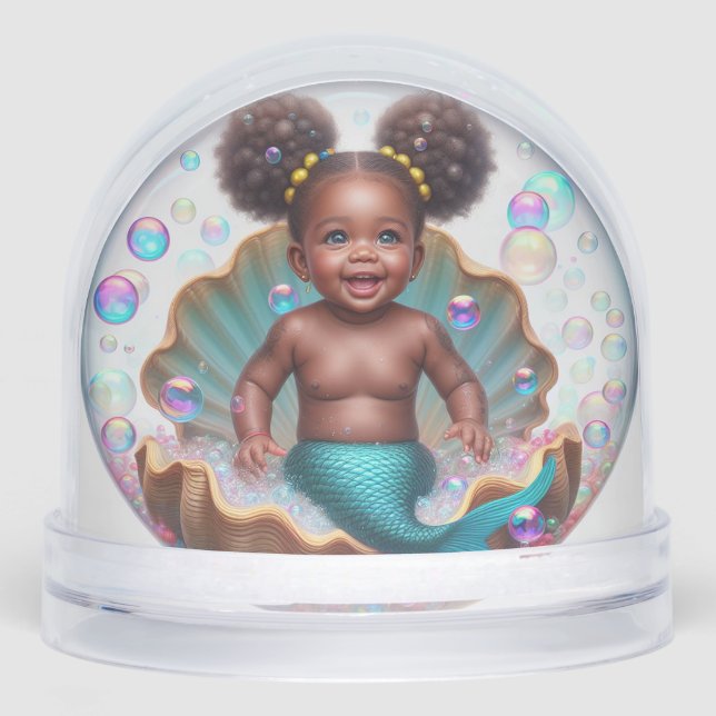 Baby Girl Birthday Dark Skin Mermaid Snowglobe (Front)