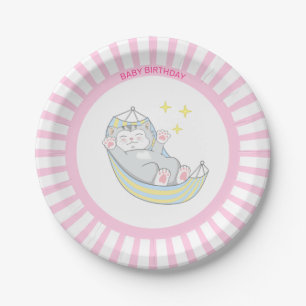 Baby Girl Birthday Kitty Cat on Pink & White Paper Plate