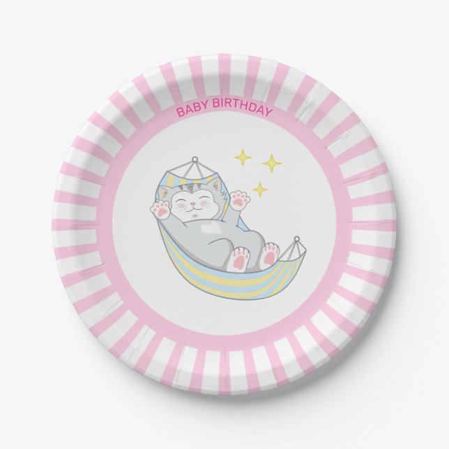 Baby Girl Birthday Kitty Cat on Pink & White Paper Plate (Front)