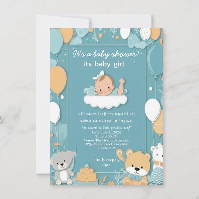 baby girl blue baloons celebration baby shower invitation (Front)