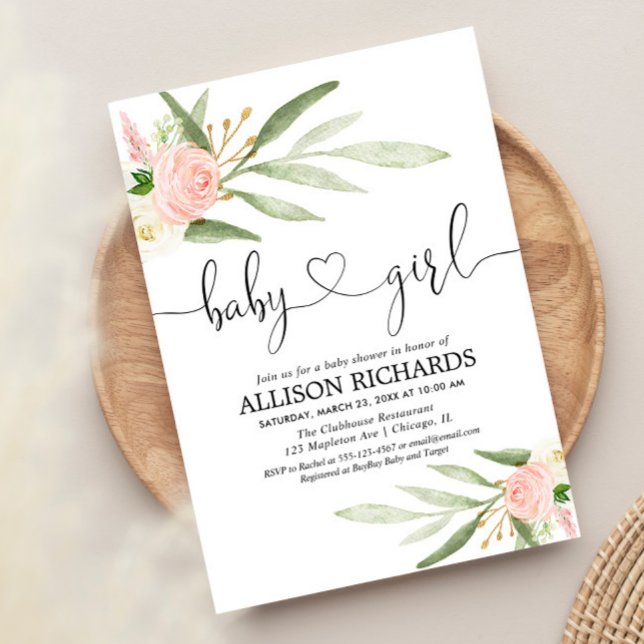 Baby girl blush pink gold greenery leaves elegant invitation (Creator Uploaded)
