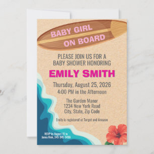 Baby Girl Board Surfboard Baby Shower Invitation