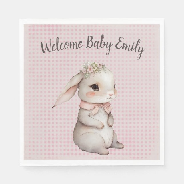 Baby Girl Boho Bunny On Gingham Napkin (Front)