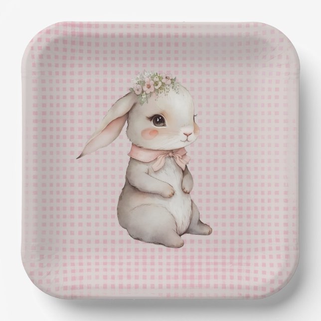 Baby Girl Boho Bunny On Gingham Paper Plate (Front)