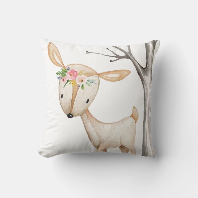 Baby Girl Boho Deer Woodland Floral Nursery Pillow (Front)