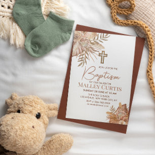 Baby Girl Boho Floral Brown Baptism Invitation