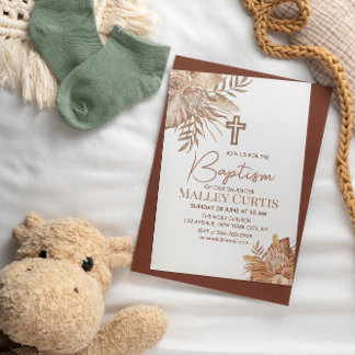 Baby Girl Boho Floral Brown Baptism Invitation