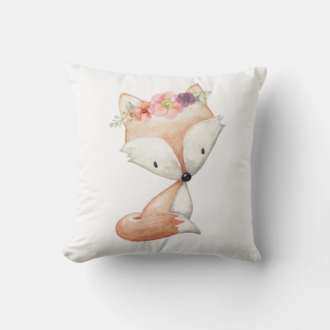 Baby Girl Boho Fox Woodland Floral Nursery Pillow (Front)