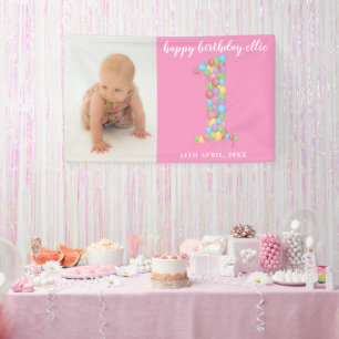 Baby Girl Boy 1st Birthday Balloons Number One Banner